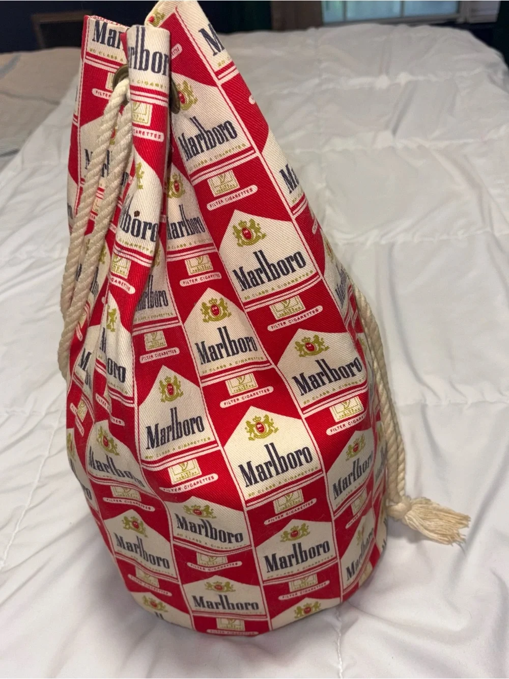 Marlboro Print Red and White Drawstring Bag Vintage Lined